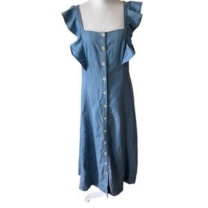 Madewell Denim Princess-Seamed Midi Dress Button Front Sleeveless Ruffled Size 4